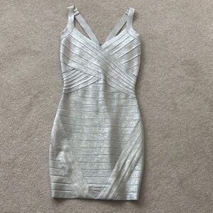 bebe Metallic Silver Bandage Mini Dress